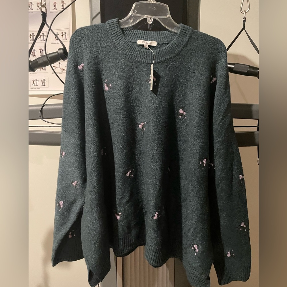 NWT Madewell teal sweater embroidered flowers 3x